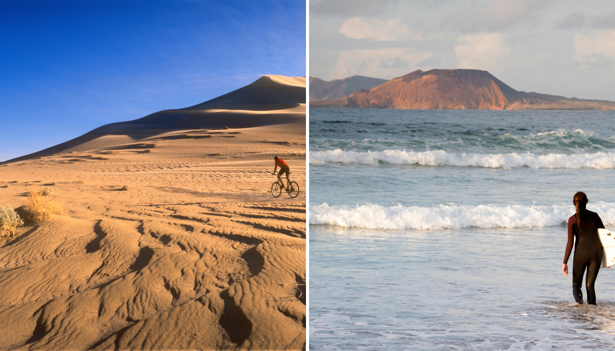 A man cycles through the desert; a woman holding a surfboard walks into the sea. 