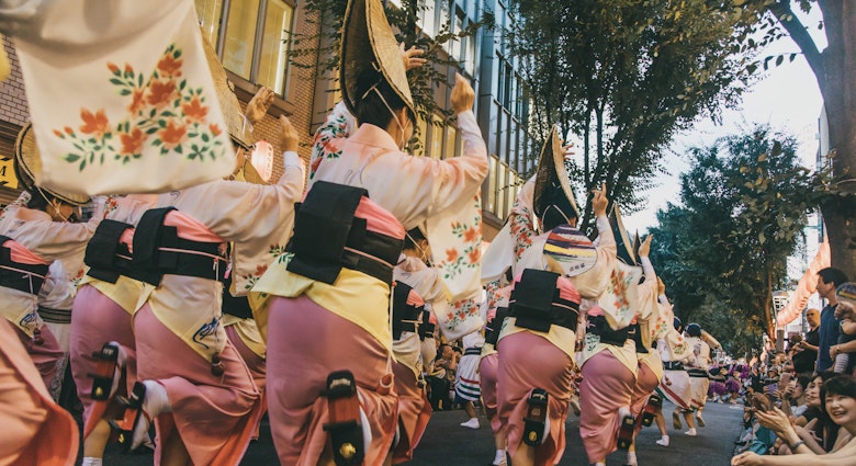 Awa-odori dance during the Kagurazaka Matsuri (summer festival). Participants form a procession to perform a graceful traditional Japanese dance that originated in Tokushi