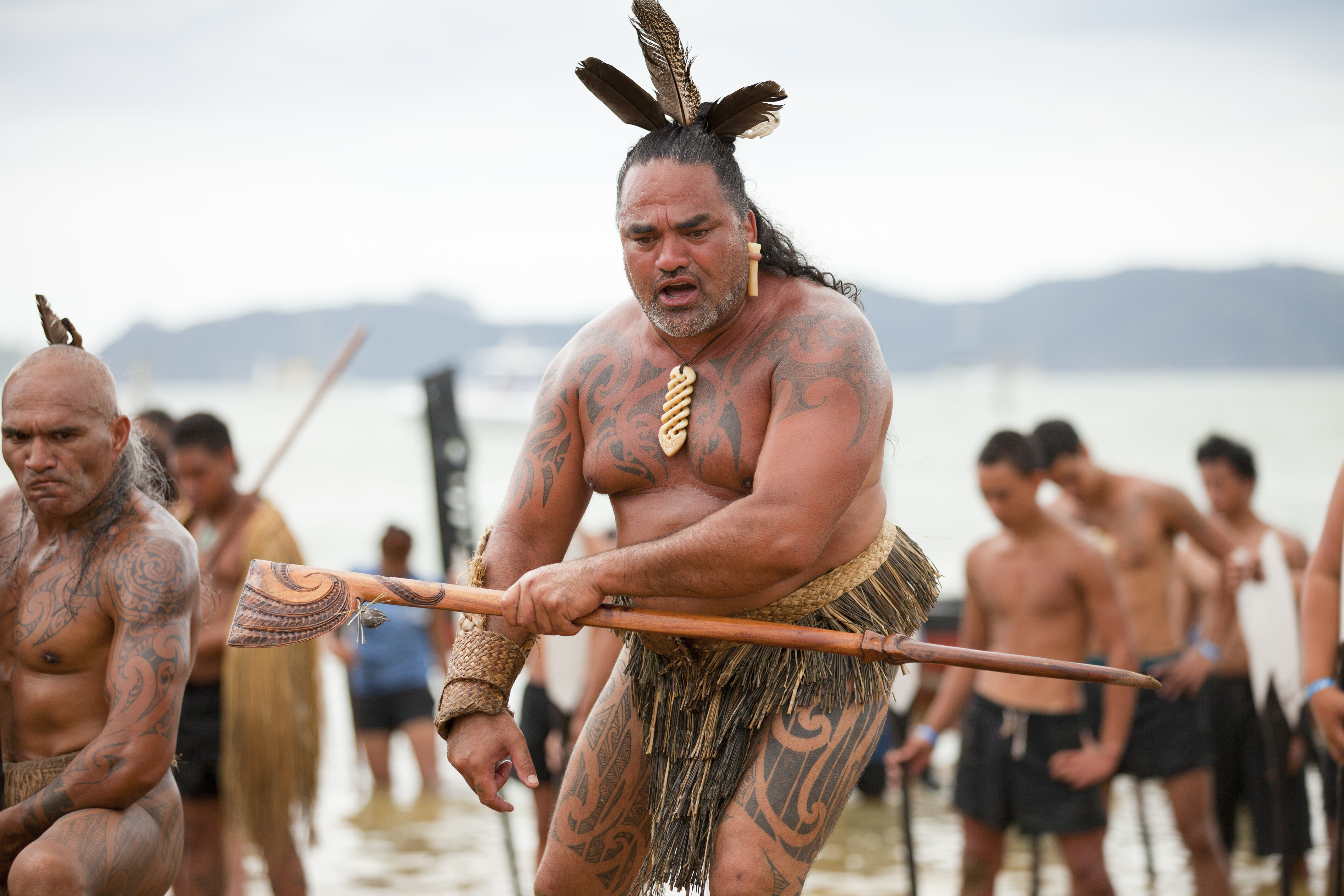 Māori warriors with tattoos, celebrating Waitangi Day, the anniversary of the Treaty of Waitangi between the British government and the Māori